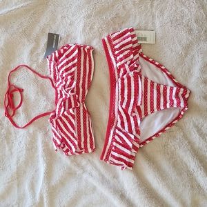 Kenneth Cole Bikini Ruffle Bandeau Top, Flounce Hipster Bottom Red/White Medium